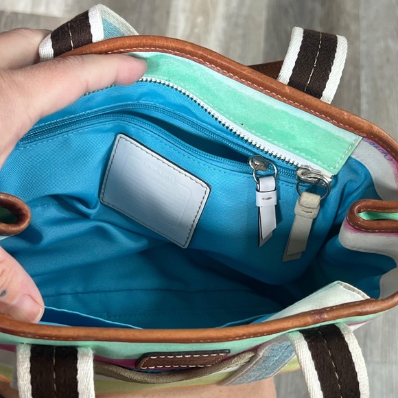 Coach Watercolor Stripe Canvas Tote Bag Leather Trim Multicolor Medium - Picture 5 of 7